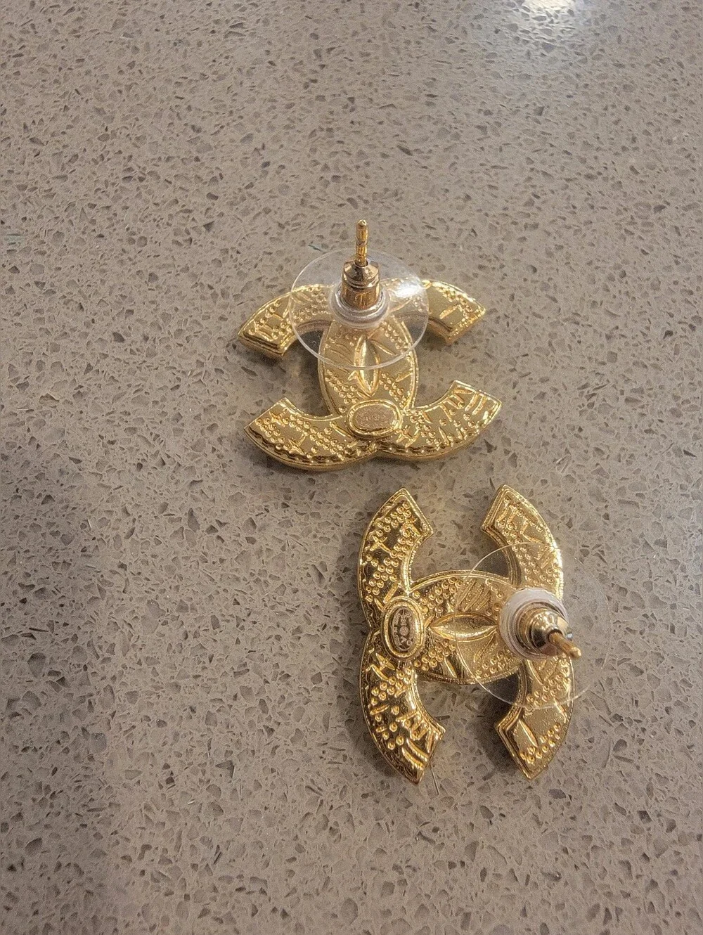 Authentic Chanel 24A Gold Plated Glitter Resin CC Stud Earrings